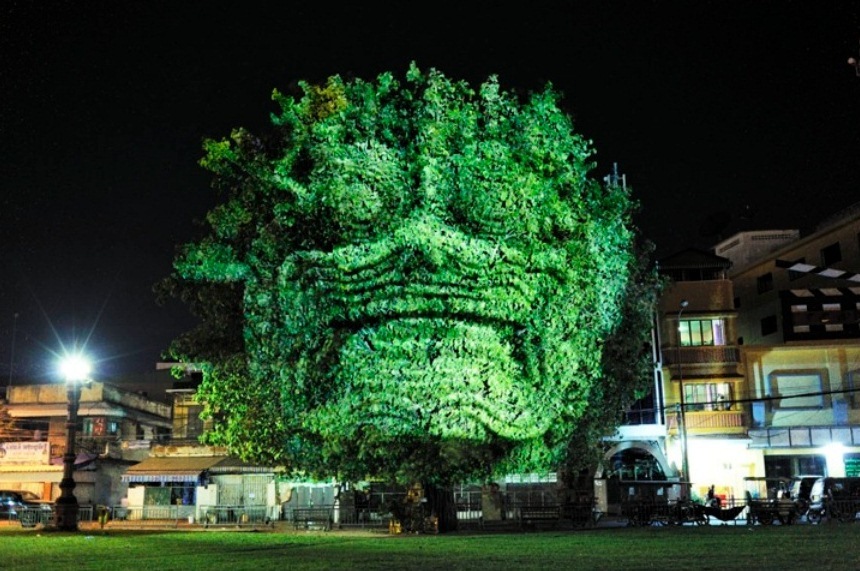 Световые инсталляции на деревьях в Камбодже ,прикольные картинки,приколы
